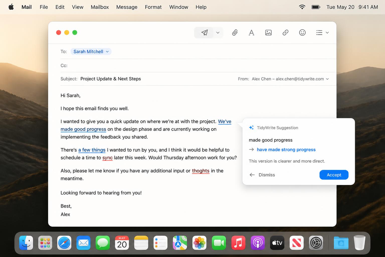 TidyWrite suggesting a grammar fix inside Apple Mail on macOS
